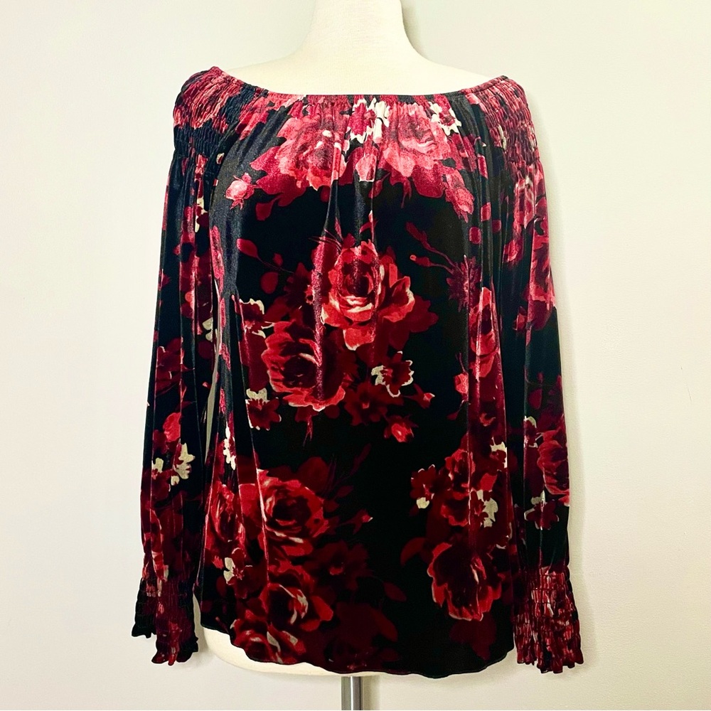 Karen Kane Lifestyle Bella Peasant Shirt Velvet Floral Off Shoulder Top